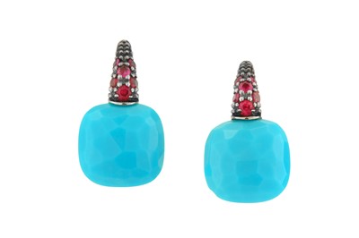 Lot 122 - A pair of turquoise and ruby 'Capri' earrings,...