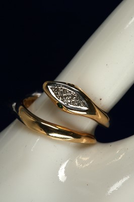 Lot 309 - A 14K gold serpent ring, set with diamond to...