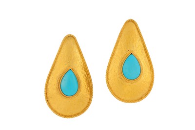 Lot 56 - A pair of turquoise earrings Each large...