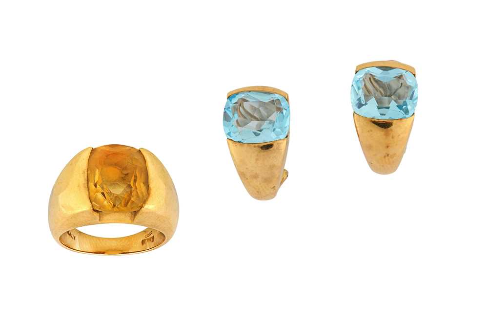 Lot 58 - A citrine ring and blue topaz earrings, by...