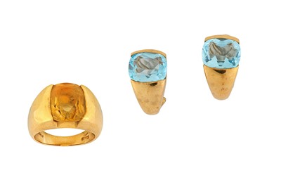 Lot 58 - A citrine ring and blue topaz earrings, by...