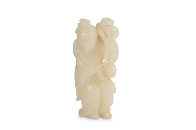 Lot 489 - A CHINESE WHITE JADE 'MONKEY HANDLER' CARVING....