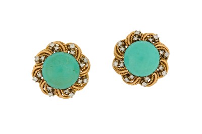 Lot 67 - A pair of turquoise and diamond earclips Each...