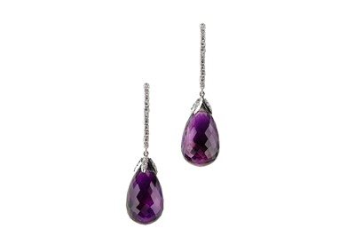 Lot 128 - A pair of amethyst and diamond pendent...
