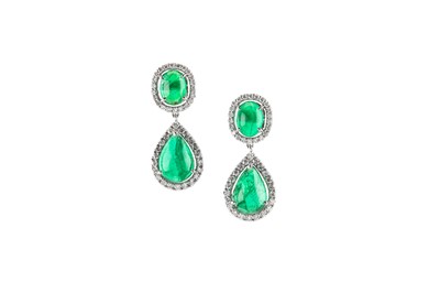 Lot 182 - A pair of emerald and diamond pendent earrings...