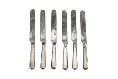 Lot 44 - A set of six Alexander III Russian 84 Zolotnik (875 standard) silver handled table knives, Moscow circa 1890 by HП for Nikolai Pavlovich Pavlov
