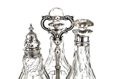 Lot 449 - An early Victorian sterling silver three bottle cruet, London 1839 by Richard Sibley II (reg. 15th mark 1837)