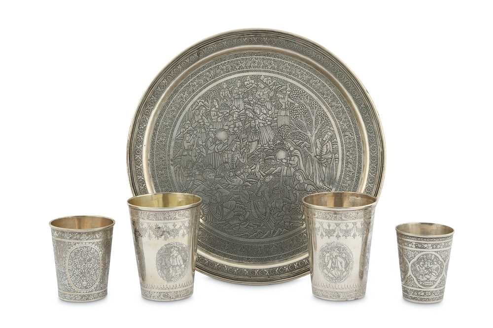Lot 166 - A SILVER CIRCULAR TRAY AND FOUR BEAKERS