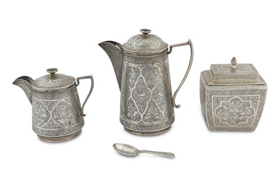 Lot 170 - A SET OF SILVER TEA CADDY, LIDDED CREAMER AND COFFEE POT
