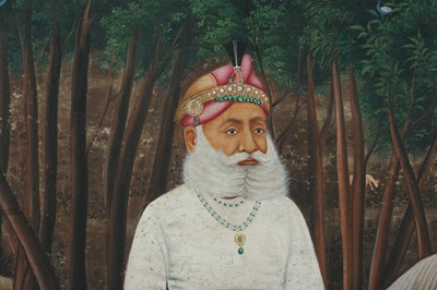 Lot 286 - A LARGE EQUESTRIAN PORTRAIT OF MAHARAJA FATEH SINGH OF MEWAR (r. 1884-1921)