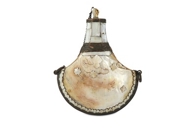 Lot 232 - λ A FINE INDO-PORTUGUESE MOTHER-OF-PEARL POWDER FLASK