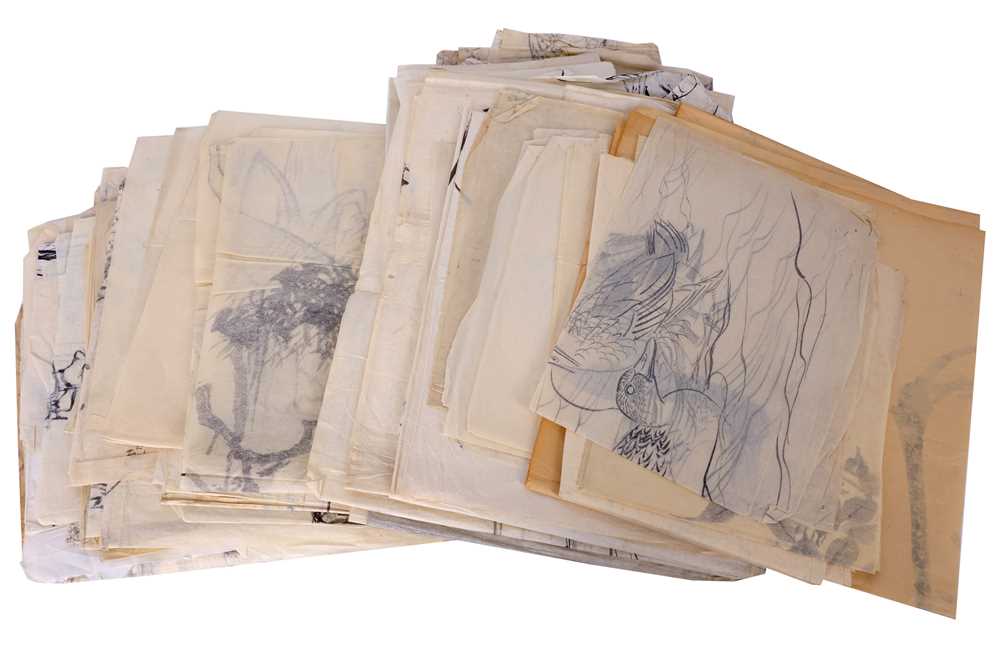 Lot 673 - A LARGE GROUP OF JAPANESE INK PAINTINGS AND THREE HANGING SCROLLS.