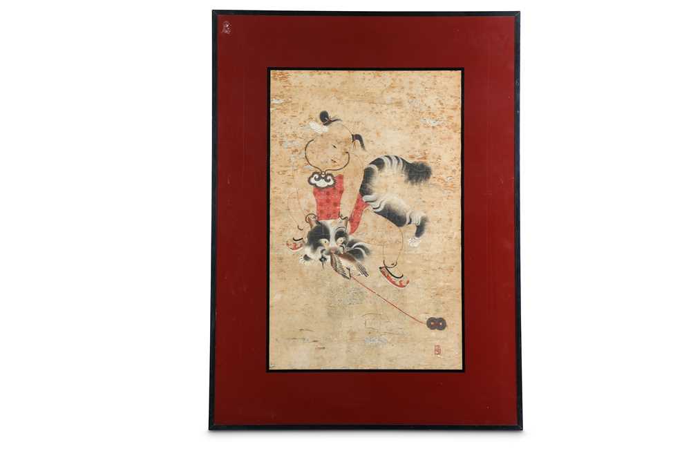 Lot 994 - A CHINESE PAINTING ON PAPER OF A BOY AND A CAT.