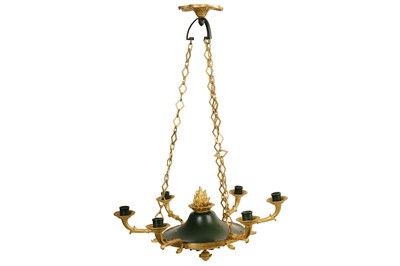 Lot 374 - An early 20th century Regency style gilt bronze and green
tole ware colza style chandelier
