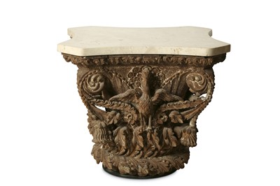 Lot 185 - A CARVED WOODEN TABLE WITH MARBLE TOP