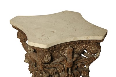 Lot 185 - A CARVED WOODEN TABLE WITH MARBLE TOP