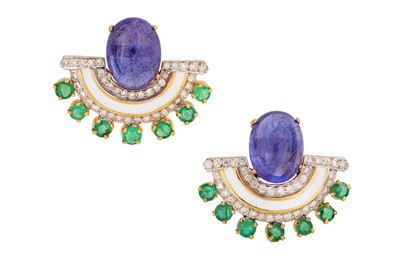 Lot 6 - A pair of enamel, emerald, tanzanite and diamond earrings