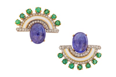 Lot 6 - A pair of enamel, emerald, tanzanite and diamond earrings