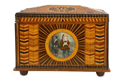 Lot 136 - AN EARLY 20TH CENTURY SCOTTISH MARQUETRY INLAID BOX COMMEMORATING ROBERT BURNS