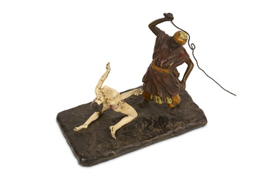 Lot 161 - A COLD PAINTED BRONZE MODEL OF AN ARAB WITH SLAVE GIRL IN THE STYLE OF FRANZ BERGMAN