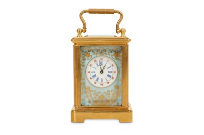Lot 204 - A GILT BRASS AND PORCELAIN MOUNTED MINIATURE CARRIAGE CLOCK