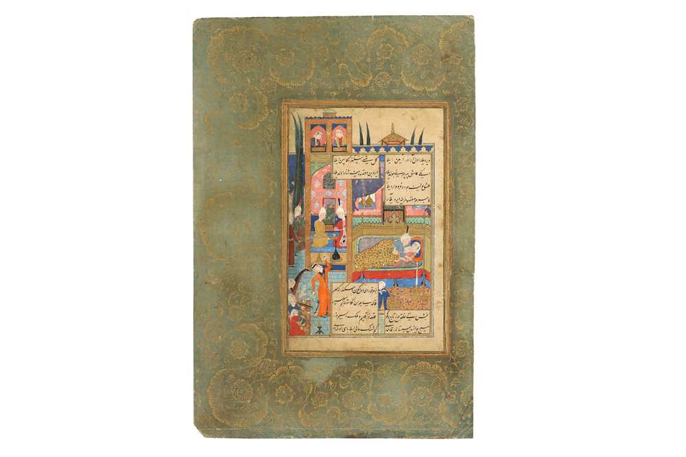 Lot 25 - A MURAQQA' ALBUM PAGE: AN ILLUSTRATION FROM THE ISKANDARNAMEH (v.) AND SECTION 37 OF THE TUHFAT AL-AHRAR FROM JAMI'S HAFT AWRANG (r.) PROPERTY OF THE LATE BRUNO CARUSO (1927 - 2018) COLLECTION