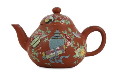Lot 66 - A CHINESE YIXING ZISHA ENAMELLED TEAPOT AND COVER.