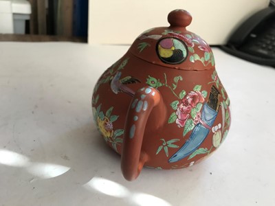 Lot 66 - A CHINESE YIXING ZISHA ENAMELLED TEAPOT AND COVER.