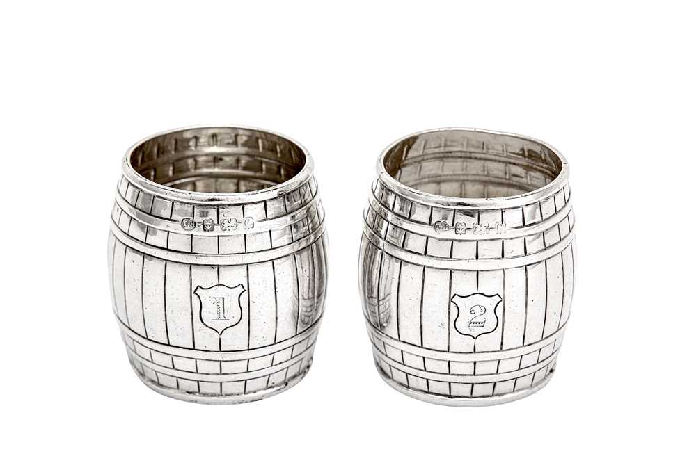Lot 222 - A pair of Edwardian sterling silver novelty whiskey cups or drams, Birmingham 1902 by Thomas Hayes