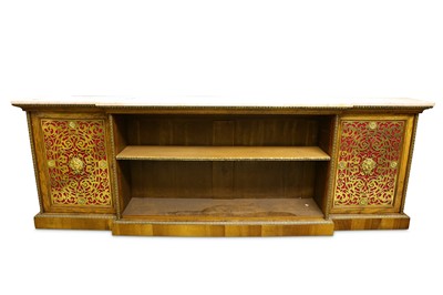 Lot 523 - A FINE ENGLISH WALNUT, CUT BRASS, ORMOLU AND MARBLE TOPPED LOW BOOKCASE, 19TH CENTURY