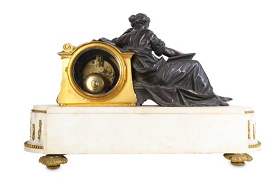 Lot 198 - A FRENCH BRONZE AND MARBLE FIGURAL MANTEL CLOCK, SECOND QUARTER 19TH CENTURY