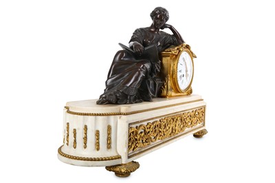Lot 198 - A FRENCH BRONZE AND MARBLE FIGURAL MANTEL CLOCK, SECOND QUARTER 19TH CENTURY