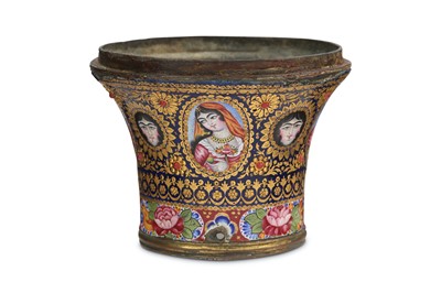 Lot 151 - *A QAJAR GOLD AND POLYCHROME-ENAMELLED COPPER QALYAN CUP