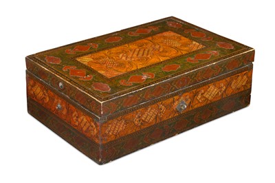 Lot 143 - *A QAJAR LACQUERED PAPIER-MÂCHÉ WOODEN CASKET WITH ABU TALEB-STYLE MARBLED DECORATION