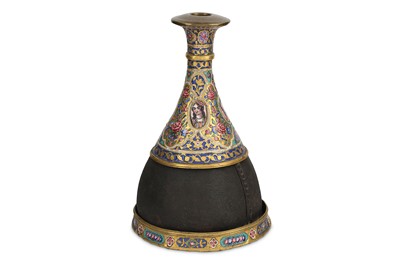 Lot 154 - *A QAJAR POLYCHROME-ENAMELLED COPPER AND LEATHER QALYAN BOTTLE WITH MATCHING BASE