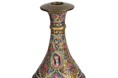 Lot 154 - *A QAJAR POLYCHROME-ENAMELLED COPPER AND LEATHER QALYAN BOTTLE WITH MATCHING BASE