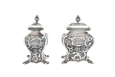 Lot 246 - A pair of mid-19th century Austrian 13 loth (812 standard) silver tea caddies, Vienna 1838 by Stefan Mayerhofer and Carl Klinkosch (reg. 1831)