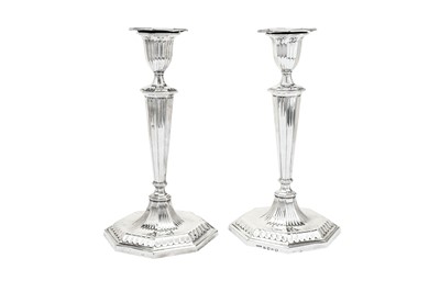 Lot 569 - A pair of George III sterling silver candlesticks, Sheffield 1788 by John Parsons & Co (reg. July 1783)