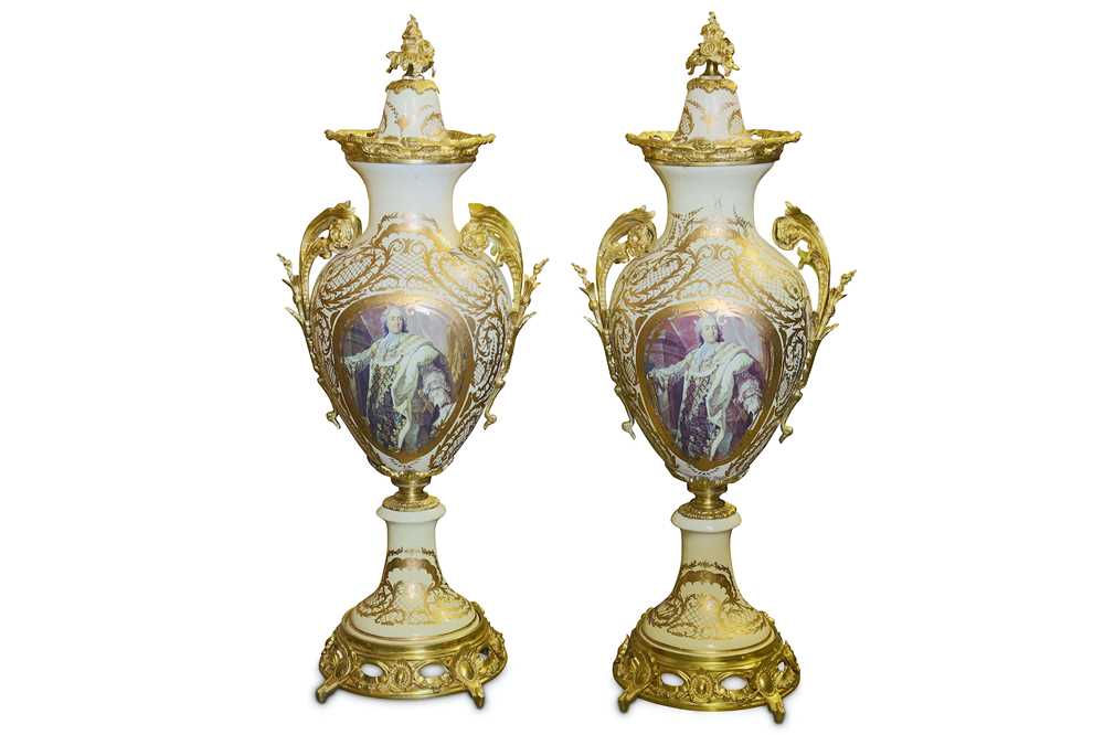 Lot 83 - A LARGE PAIR OF LOUIS XVI STYLE ENAMEL AND GILT METAL VASES