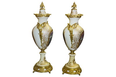 Lot 237 - A LARGE PAIR OF LOUIS XVI STYLE ENAMEL AND GILT METAL VASES