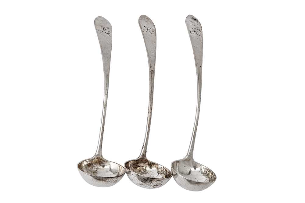 Lot 349 - A set of three George III Scottish provincial silver toddy / cream ladles, Dundee circa 1796-1820 by James Douglas