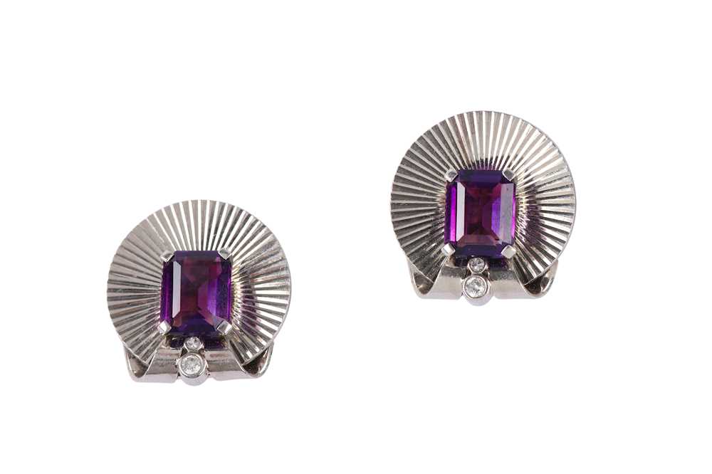 Lot 1 - A pair of amethyst earclips, by Tiffany & Co.,