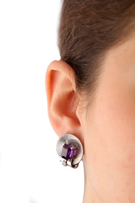 Lot 1 - A pair of amethyst earclips, by Tiffany & Co., circa 1945