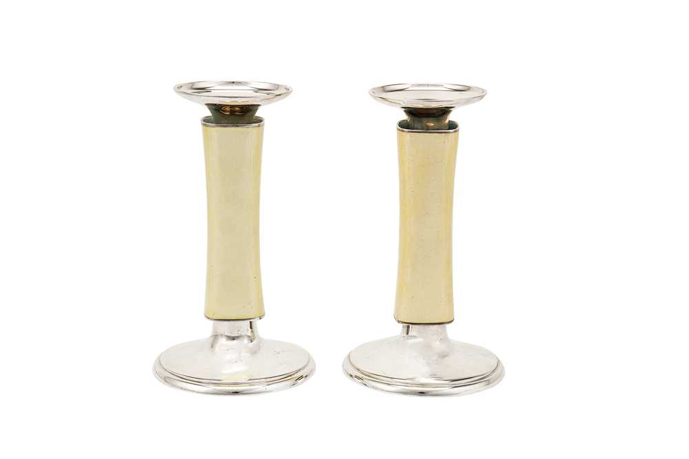 Lot 280 - A pair of mid-20th century Swiss sterling silver and enamel candlesticks, Zurich circa 1960 by Meister (est. 1881)