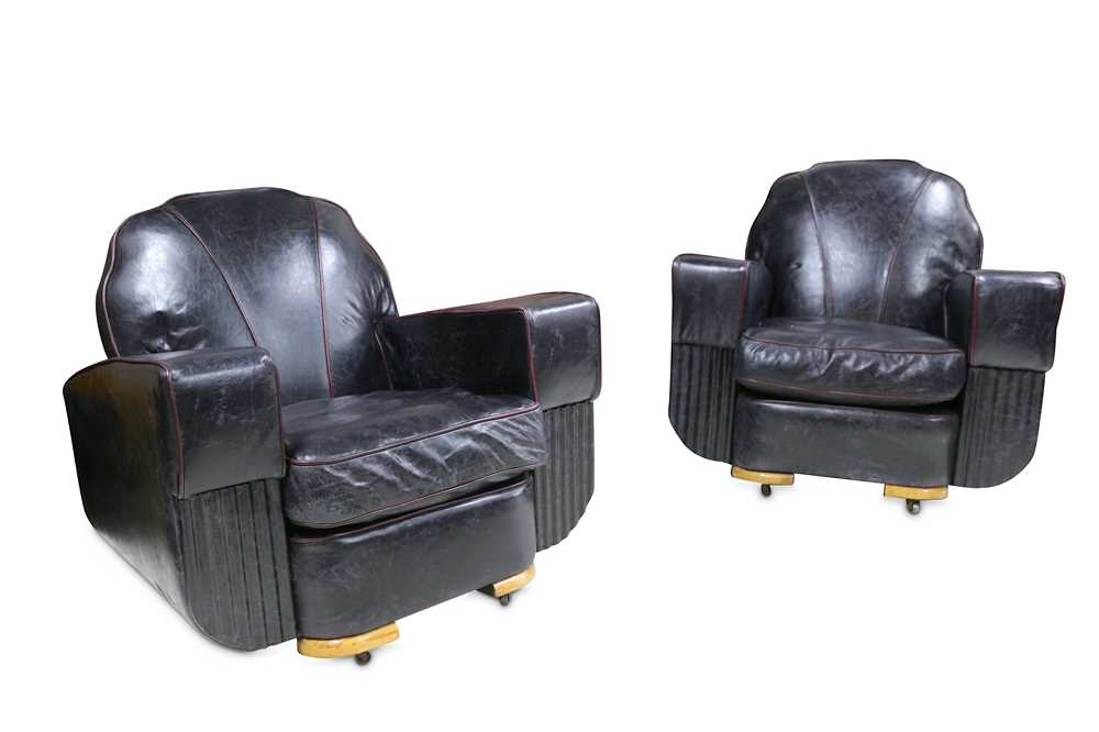 Lot 25 - A PAIR OF ART DECO PERIOD CLUB ARMCHAIRS IN DISTRESSED LEATHER