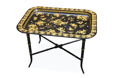 Lot 383 - An ebonised and parcel gilt tray top...