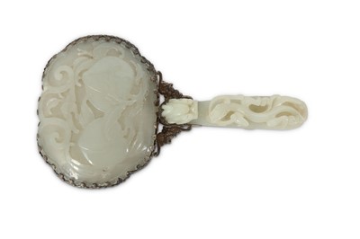 Lot 211 - A CHINESE SILVER-MOUNTED WHITE JADE PLAQUE AND A BELT HOOK.