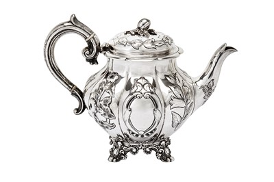 Lot 481 - A matched Victorian sterling silver three-piece tea service, the teapot and sugar bowl, Sheffield 1853 by Martin, Hall & Co
