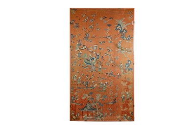 Lot 203 - A CHINESE PEACH-GROUND EMBROIDERED 'HUNDRED BOYS' SILK PANEL.