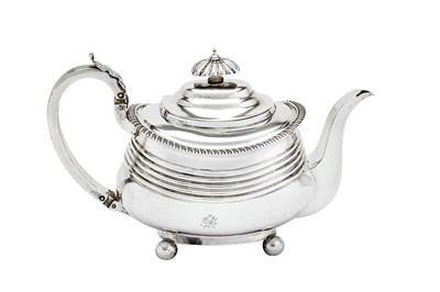 Lot 486 - A George III sterling silver three-piece tea service, London 1814 by Alice and George Burrows II (reg. 10th July 1801), overstriking that of Crispin Fuller (reg. 29th Dec 1792)